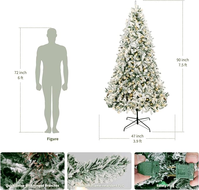 HOTEAGLE 7.5FT Prelit Artificial Christmas Tree, Snow - Dusted Pencil Tree with 400 UL Listed Multicolored Lights for Indoor Home & Office Christmas Decoration (50 * 50 * 90in)