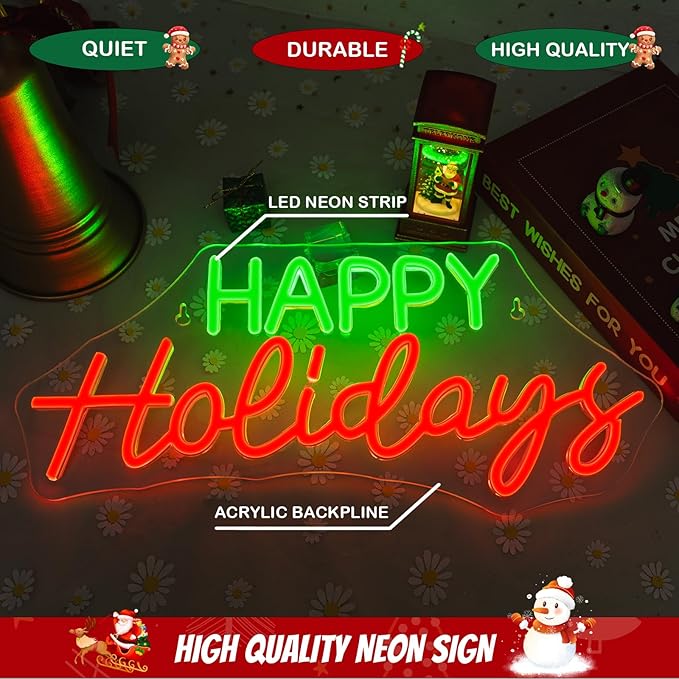 Horseneon Red Happy Holidays Neon Sign Merry Christmas Neon Signs for Wall Decor Christmas Tree Neon Light LED Sign with USB Powered for Party, Windows, Home Decor, Bedroom, Living room Warm