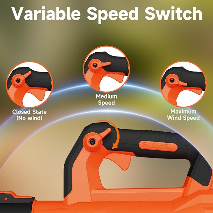 Leaf Blower Cordless with 2¡¿ 5.0Ah Batteries and Charger, 21V Electric, Lightweight Battery Powered Blowers for Lawn Care, Yard, Patio Cleaning, Blowing Leaves & Dust, Organe