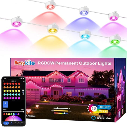 Permanent Outdoor Lights for House, 100ft Smart RGB+IC Color Outdoor Lighting with 63 Scene,IP67 72 LED Eaves Lights for Holiday, Christmas, Daily Lighting, Smart Life APP Control, C5103-A
