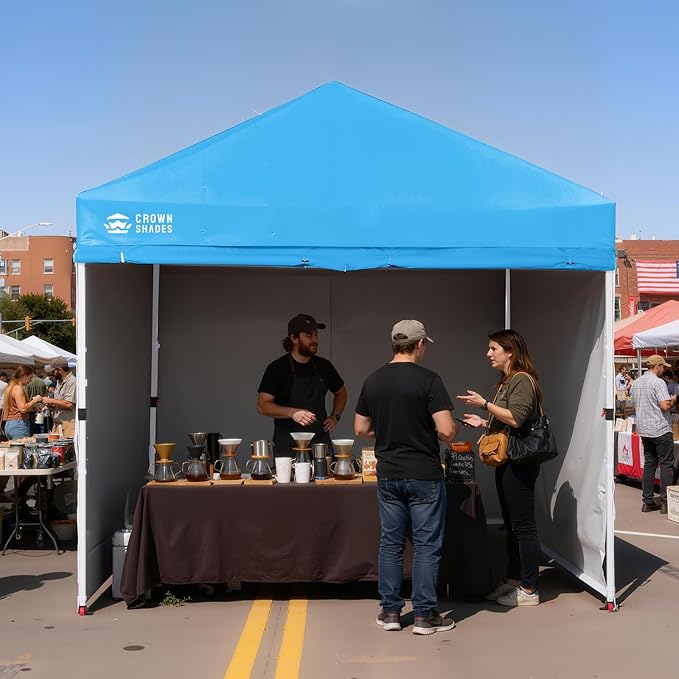 CROWN SHADES 10X10 Comercial Instant Canopy Pop Up Tent with Center Lock (10x10 with 4 Sidewalls, Sky Blue)