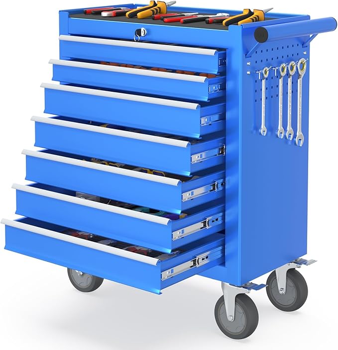 7 Drawers Rolling Tool Box, Portable Storage Tool Chest with Wheels, Toolbox with Lock for Warehouse, Garage, Repair Shop and Tool Room (Blue)