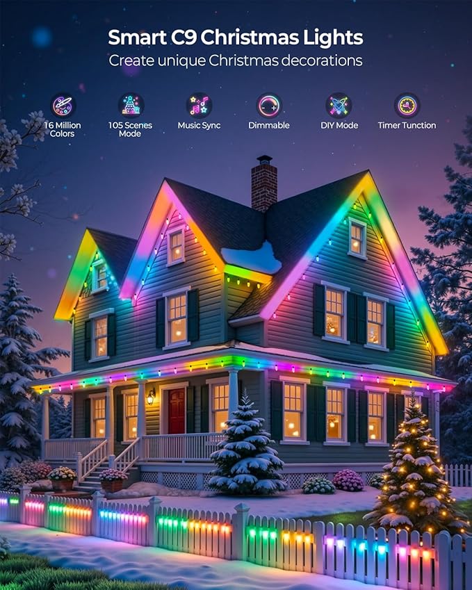 YAYZA! Smart C9 Christmas Lights Outdoor, 150 LED 115 FT RGB C9 String Lights with APP & Remote Control, 105 Modes, Music Sync, Connectable Waterproof Christmas Lights for Roofline Patio Xmas Decor