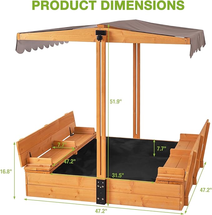 GUTINNEEN Wooden Sandbox with Adjustable Canopy, Outdoor Kids Sand Box with Foldable Benches, Sand Liner, Retractable Roof, 47¡±Lx47¡±Wx52¡±H