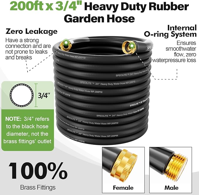 SPECILITE 3/4 Garden Hose 200 ft with High Flow Nozzle, Heavy Duty Flexible Hybrid Rubber Water Hose for Outdoor, Lightweight, Leak-Proof, No-Kink, 3/4Brass Fittings,Black