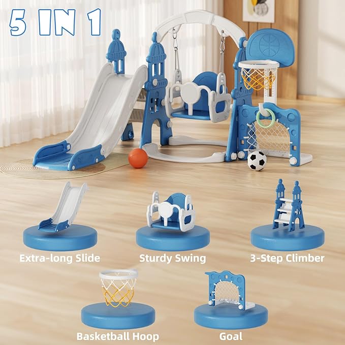 KORIMEFA 5-in-1 Kids Slide and Swing Set, Toddler Slide with Basketball Hoop, Swing, Outdoor Indoor Playground for Toddlers 1-3 (5 in 1- Blue)