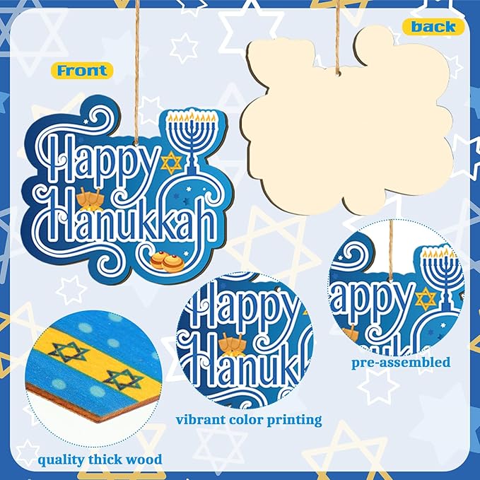 Qunclay 36 Pcs Hanukkah Ornaments Chanukah Wooden Hanging Ornament Star of David Menorah Gnome Happy Hanukkah Wood Pendant Blue Yellow Jewish Home Decorations for Christmas Tree Party Decor