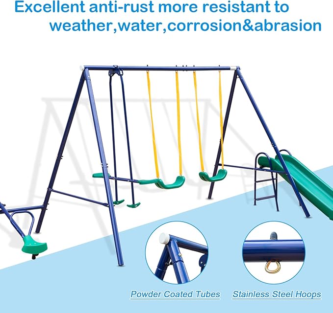 Swing Set for Kids Backyard Playground A-Frame Heavy-Duty Metal Swing Sets with Slide Outdoor (5 in 1)