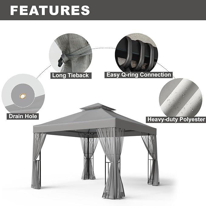 10x10 Outdoor Gazebo Tent with Netting and Corner Shelves, Double Roof Patio Gazebo with Soft Fabric Top, Outdoor Pavilion for Backyard Patio Garden Lawn, Gray