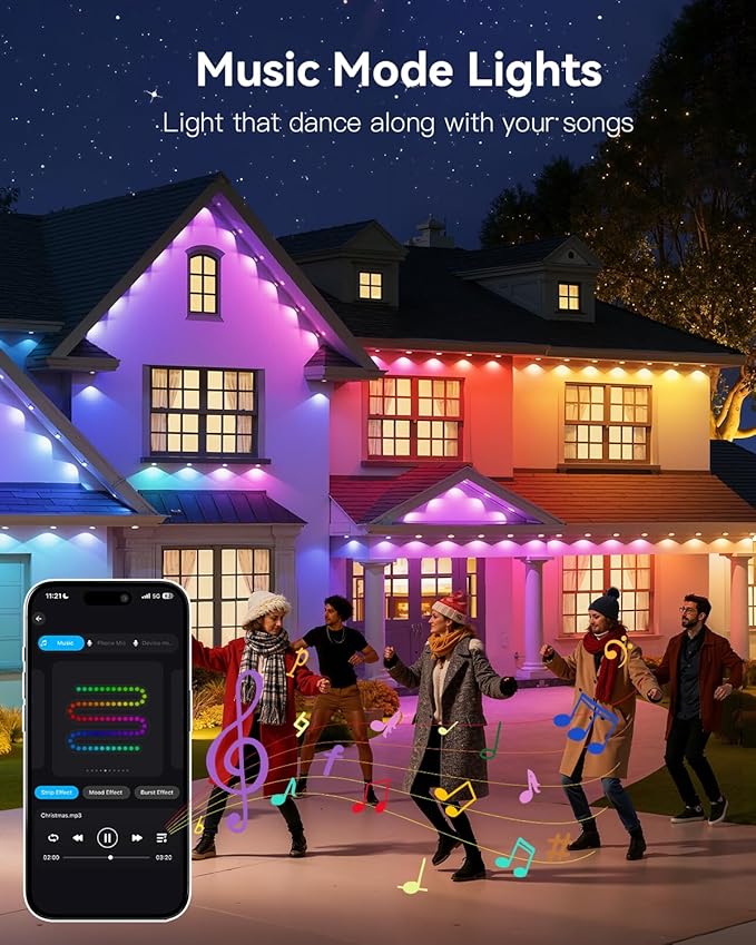 Ollny 50FT 30LED Permanent Outdoor Lights, APP Control RGB Outdoor Lights 100 Scene Modes with Remote, DIY Music Modes Christmas Light for Holiday Xmas Halloween Decorations