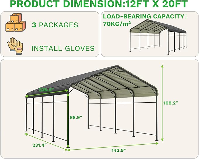 Greesum 12x20FT Metal Carport with Heavy Duty Frame and Galvanized Steel Roof, Round Carports with Side Support Rods, Canopy Shelter for Car, Pickup Trucks, Boats and Tractors, Party, Gray