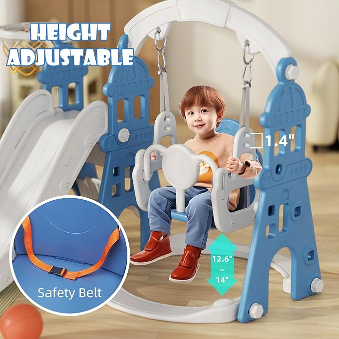 KORIMEFA 5-in-1 Kids Slide and Swing Set, Toddler Slide with Basketball Hoop, Swing, Outdoor Indoor Playground for Toddlers 1-3 (5 in 1- Blue)