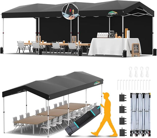 COBIZI 10x30 Pop Up Canopy with One Button Push Center Lock,Ez Up Portable Carport with 3 sidewalls,Waterproof UV50+ Outdoor Party Commercial Carport Canopy Gazebos with Roller Bag(10 x 30 ft Black)