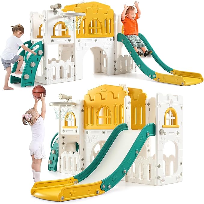 8-in-1 Toddler Slide and Climber Playset for Kids Ages 1-3, Indoor/Outdoor Playground with Basketball Hoop, Tunnel, Telescope, Steering Wheel & Storage, Orange-Green, American Standard
