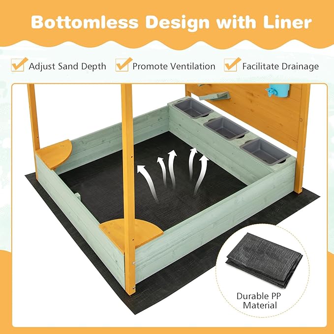 Costzon Kids Sandbox with Sand Wall, Wooden Sandpit w/Removable Canopy, Water Bucket, Storage Bins, 2 Corner Seats & Bottom Liner, Outdoor Sand Box for Kids Aged 3-8 (Backyard, Garden & Beach)