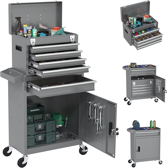 Rolling Tool Box with Wheels, 5-Drawer High Capacity Tool Chest with Wheels, Removable Storage Toolbox with Lock for Garage, Workshop (Grey)