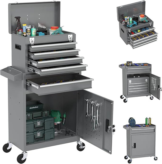 Rolling Tool Box with Wheels, 5-Drawer High Capacity Tool Chest with Wheels, Removable Storage Toolbox with Lock for Garage, Workshop (Grey)