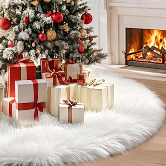Christmas Tree Skirt, 48 Inch Christmas Decorations Tree Skirt, Faux Fur White Soft Long Thick Velvet Silver Sparkly Sequin Tree Rug, Large Tree Base Cover Mat Merry Christmas Holiday Party