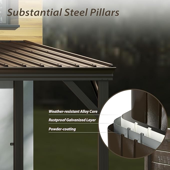 Domi 8'x10' Wall Mounted Hardtop Gazebo, Connectable Lean to Pergola with Gutters & Galvanized Steel Roof, 60MPH Wind Resistance, Outdoor Heavy Duty Metal Awning for Patio, Deck, Backyard - Brown