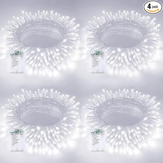 4 Pack Christmas String Lights Battery Operated with Timer, 66FT 200 LED Waterproof Battery Twinkle Lights, 8 Modes Fairy Light for Indoor & Outdoor Garland Tree Christmas Decorations (Cool White)