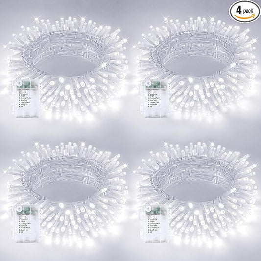 4 Pack Christmas String Lights Battery Operated with Timer, 66FT 200 LED Waterproof Battery Twinkle Lights, 8 Modes Fairy Light for Indoor & Outdoor Garland Tree Christmas Decorations (Cool White)
