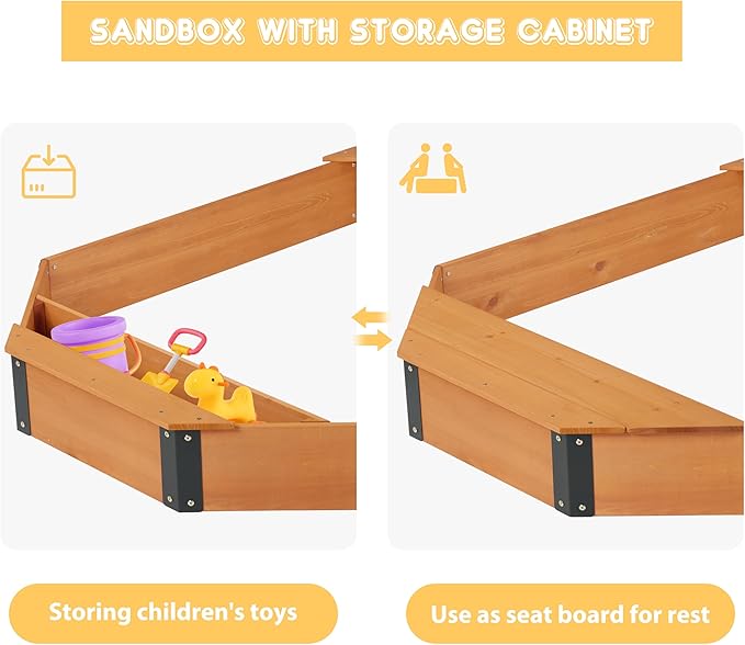 75.5''x53''x8.5'' Octagon Sandbox with Storage Box for Kids Outdoor Play, Wood Large Sandpit with Cover & 3 Benches, Quick Easy Install