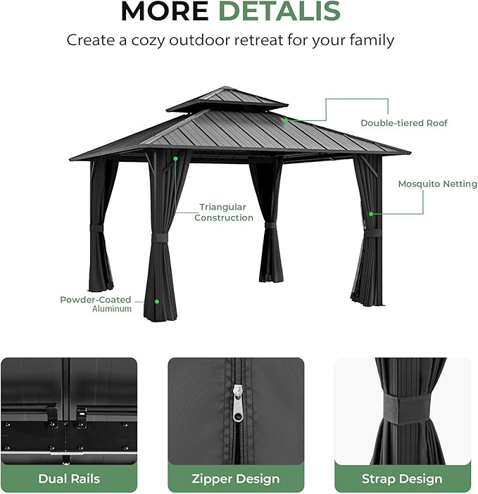 12' x 12' Hardtop Gazebo, Aluminum Frame with Double Galvanized Steel Roof, Outdoor Metal Gazebo with Netting & Curtains for Backyard, Garden, or Deck, Grey