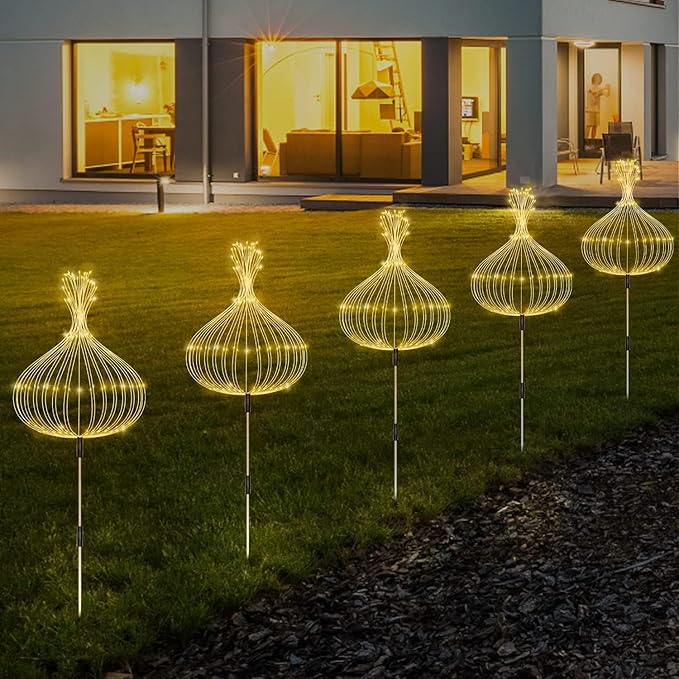 Solar Garden Lights, Firework Light Outdoor 5 Pack 120 LED Solar Waterproof Decorative Starburst Lights Landscape Lamp 18 Hours Working Time, Decor for Courtyard Garden Christmas Party (warm white)