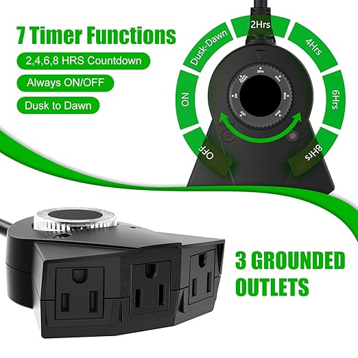 Outdoor Light Sensor Timer, 24 Hours Heavy Duty Waterproof Outlet Timer with 2, 4, 6 or 8 Hours Countdown Mode, 3 Grounded Electrical Outlet for Home Backyard Garden (2 Pack)