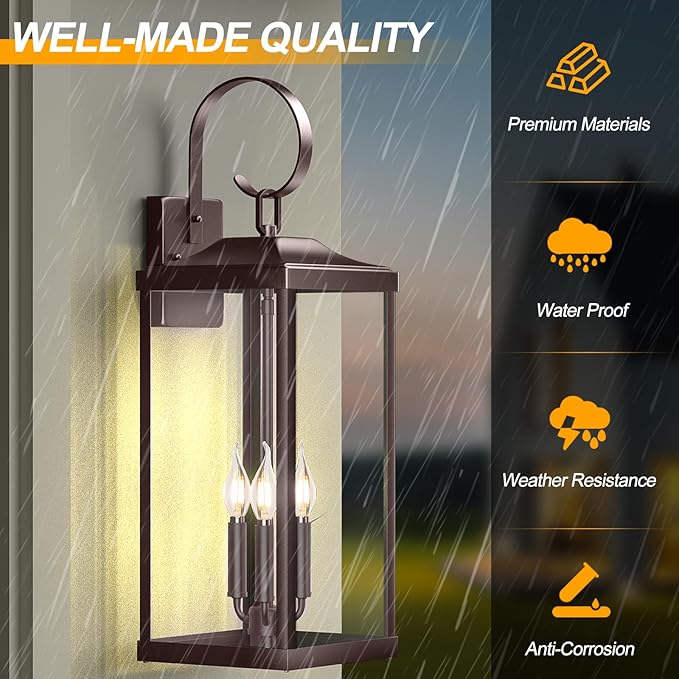 2 Packs 24" Extra Large 3-Light Outside Wall Light Fixture, Oil Rubbed Bronze Outdoor Porch Lantern Wall Mounted, Waterproof Modern Brown Outside Wall Sconce Coach Lamp for House, E12
