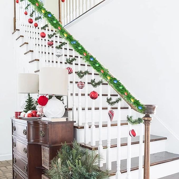 Nerosun 14.8 FT Artificial Christmas Garland, 50 Pre-Lit LED Mini String Lights Battery Operated Xmas Garland for Home Stair Railing Indoor Wedding Party Christmas Ornament Decorations (Multi-Colored)