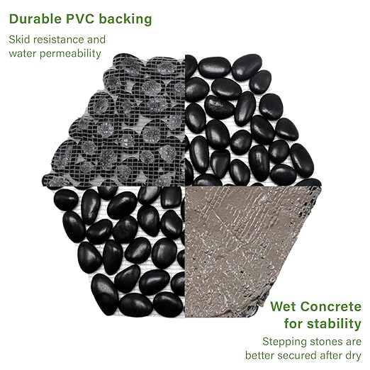 10in River Rock Stepping Stones Set - 6 Pack | Polished Pebble | Long-Lasting PVC Mesh Backing | Perfect for Garden Paths and Lawns Outdoor Landscaping Decoration | Black Rhombus