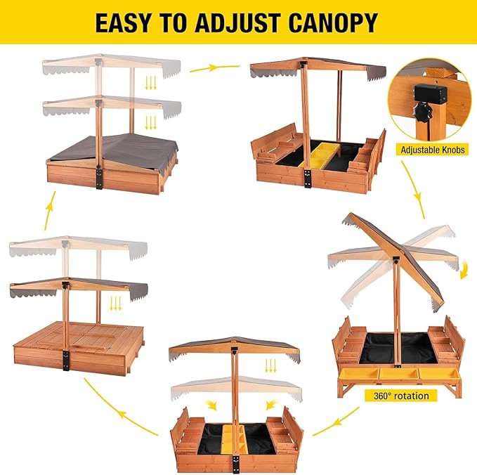 AIVITUVIN Sandbox with Lid, Sand Boxes for Kids Outdoor, 47.2 Inch Sand, UV Resistant & Adjustable Height Roof, Gift for Kids Ages 4-8 (Sandbox + 3 Toy Bins)
