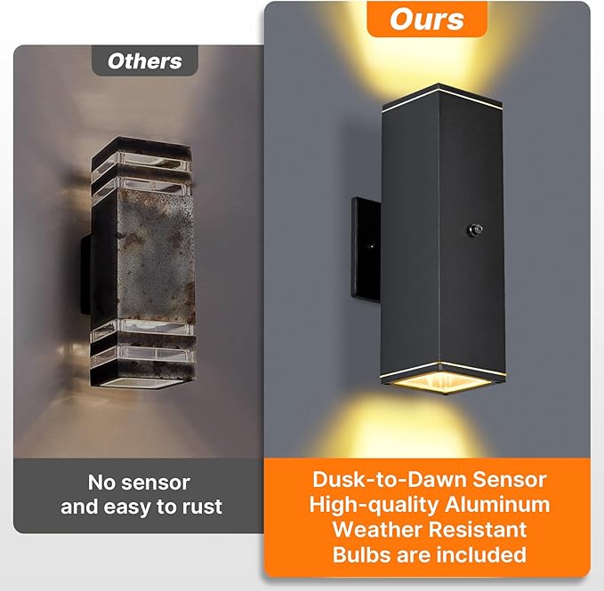 Outdoor Wall Lights 1 Pack,Modern Square Dusk to Dawn Porch Light,Integrated LED Up Down Wall Lights Black Outdoor Sconces Waterproof Wall Lighting Exterior Light for Porch Patio Garage