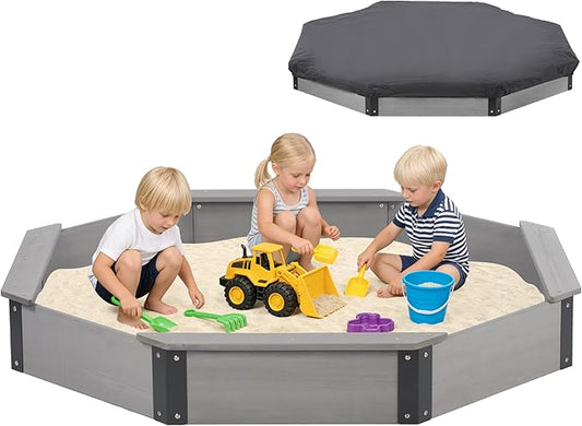 64''x56''x8.5'' Octagon Sandbox with Cover for Kids Outdoor Play, Wood Large Sandpit with 4 Benches, Quick Easy Install, US. Patented