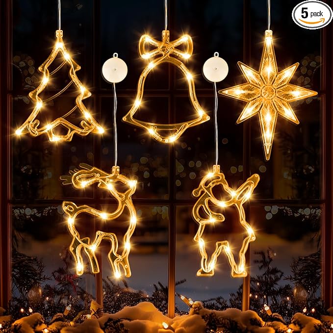 5Pcs Christmas Window Lights, Battery Powered Twinkle Lights Christmas Decorations Indoor Outdoor for Wall Door Porch Balcony Glass Decor with Suction Cup & Timer
