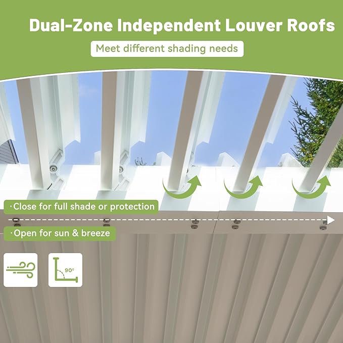 Louvered Pergola 10 x 12 FT, Aluminum Outdoor Pergola with Independent Adjustable Rainproof Top, Built-in Gutter System, Hardtop Patio Metal Pergolas for Deck Garden Backyard -White
