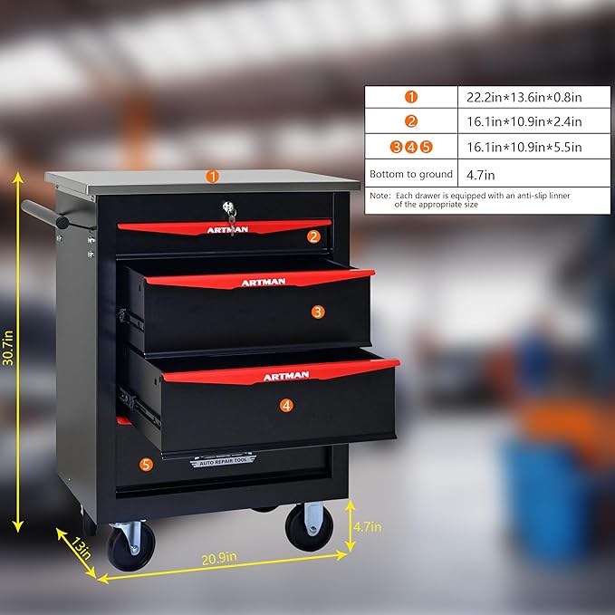 RYH 4/5/6/7 Drawers Rolling Tool Chest -Heavy Duty Mobile Metal Tool Box with Locking Wheels, with Stainless Steel Worktop, Garage Tool Storage Cabinet (Black, 4-Drawers 30.7 H¡¿22.2 W)