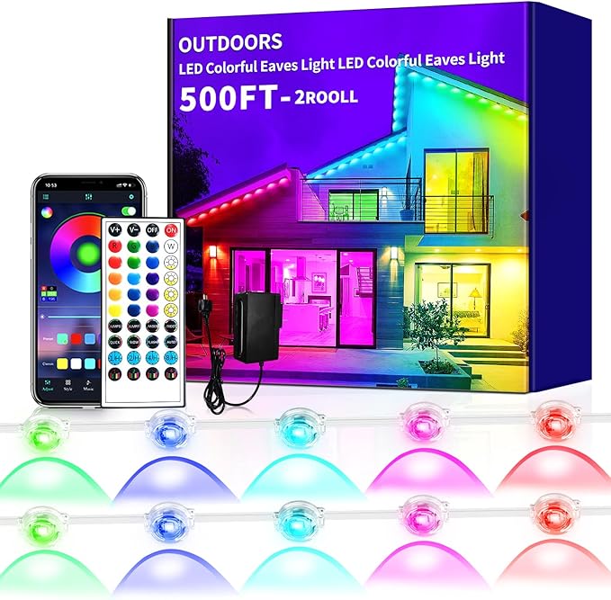 IP67 Waterproof Eave Light for House roof,490ft RGB Outdoor Waterproof Eave Light,can be Used for Halloween, Christmas,Holiday,Party,Daily Lighting Decoration（2 Rolls of 245ft）