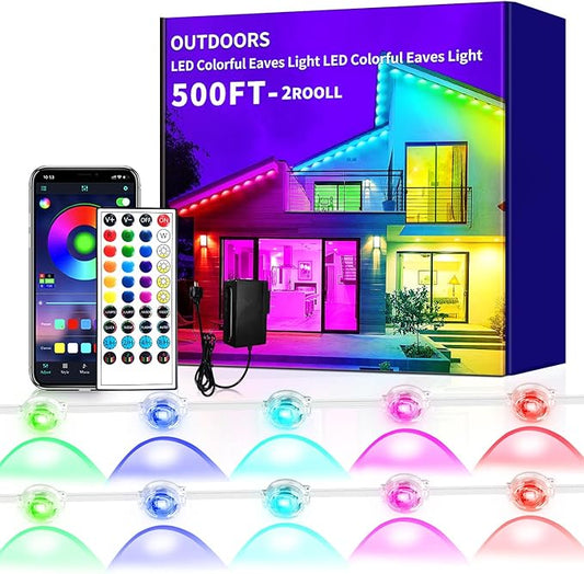 IP67 Waterproof Eave Light for House roof,490ft RGB Outdoor Waterproof Eave Light,can be Used for Halloween, Christmas,Holiday,Party,Daily Lighting Decoration（2 Rolls of 245ft）