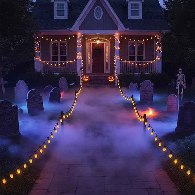 25ft Halloween LED String Lights, 25 C7 Ceramic Orange Bulbs, Energy-Efficient, Waterproof & UL Certified for Outdoor/Indoor Decoration, Spooky Halloween Party Lights with Spare Bulbs