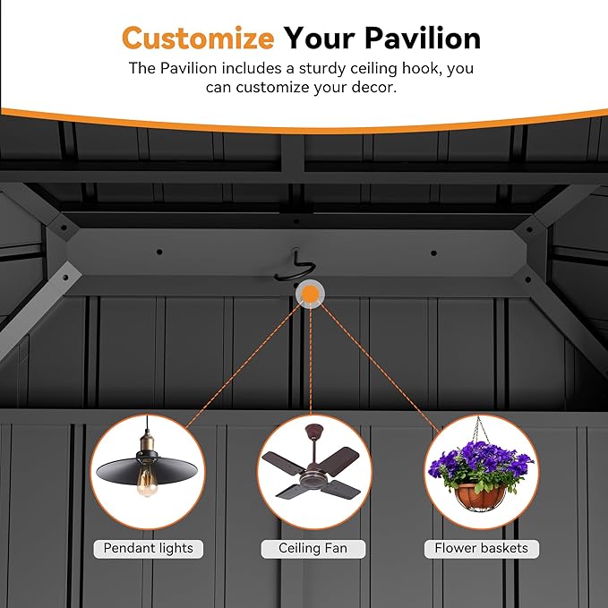 Modern Shade Grill Gazebo 6' X 8', Aluminum BBQ Gazebos with Shelves and Ceiling Hook, Grill Canopy Hardtop with Galvanized Steel Roof, Outdoor Grill Gazebo with Extra-Wide Column Design, Wood-Looking