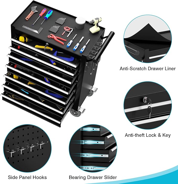 7 Drawer Rolling Tool Chest with Wheels, Portable Tool Cart with Drawers, Storage Cabinet for Garage, Warehouse and Repair Shop (Black)