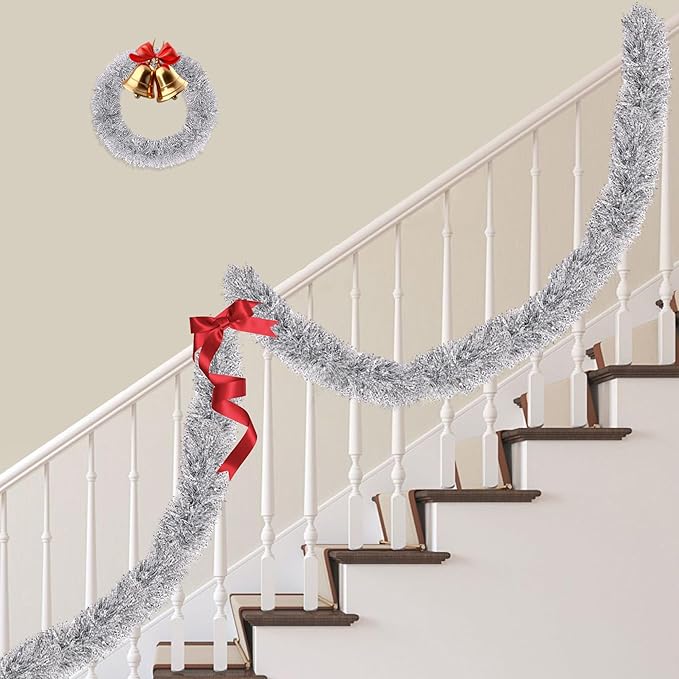 50FT Silver White Christmas Tinsel Garland, Metallic Twist Xmas Garland for Christmas Tree Decorations, Holiday Hanging Garlands for Mantel Staircase Fireplace Indoor Outdoor Home Party Decor