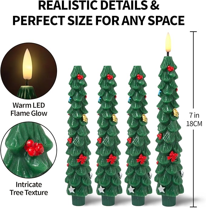 Flameless LED Christmas Tree Candles, 4 Pack – Battery Operated Holiday Decor with Realistic Tree Texture, Warm Flickering Light, Safe for Kids & Pets, Tabletop & Mantel Decorations