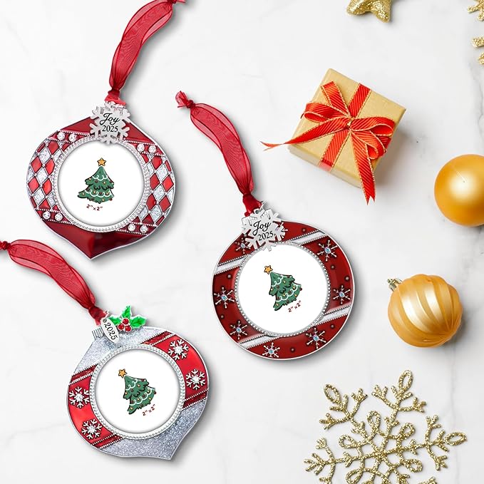 2025 Christmas Tree Ornaments 3 Piece Picture Frame Hanging Ornament Decorative Holiday Keepsake Gift Snowflake Pendant with 2” Photo Frame Insert for Picture of Pet (3 Piece Gift Set)