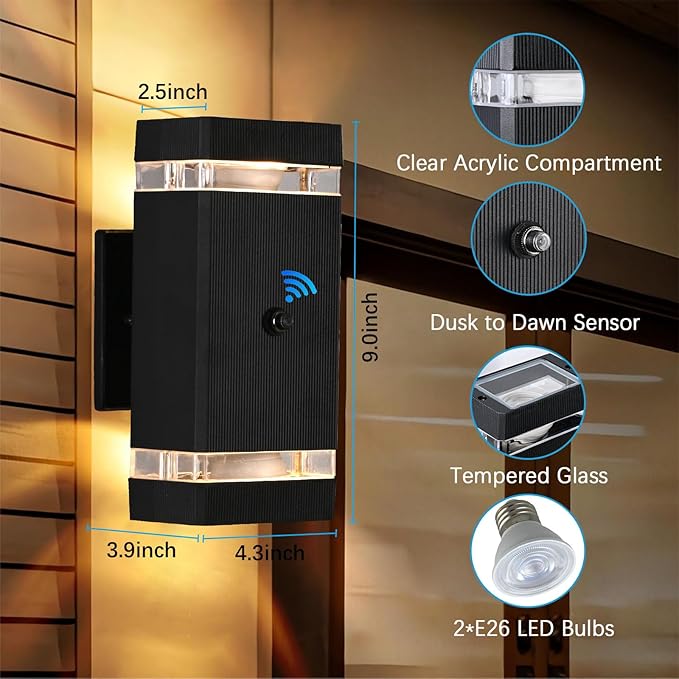 Outdoor Wall Lights 2 Packs, Aluminum Up and Down Outdoor Lights, Modern Black Wall Sconce with Dusk to Dawn Sensor Exterior Wall Light for Porch Patio Door