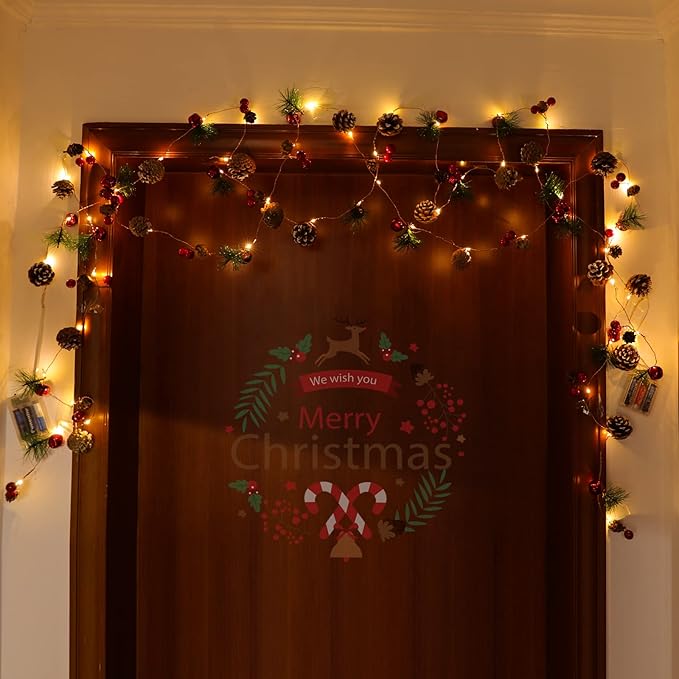 Christmas Garland with Lights 10 Feet 30 LED Bulbs Pinecones, Red Berries, Bells Decorative Lights Christmas Decorations Indoor Suitable for Home & Mantelpiece Decor Christmas Tree Decor