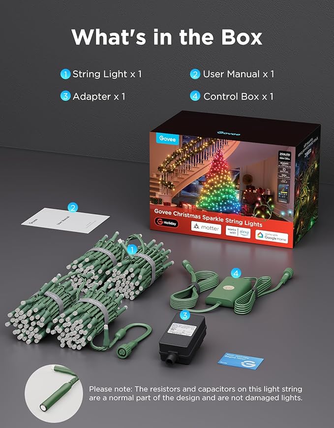 Govee Christmas Sparkle String Lights 66ft, RGBWIC String Lights with 250 Bullet-Head LEDs, App-Controlled, 140+ Scene Modes, Shape Mapping, Music Sync, Works with Alexa, Indoor Holiday Decorations