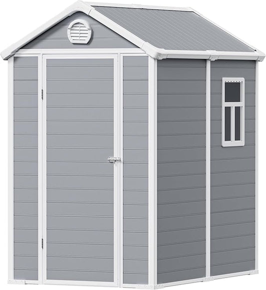 6x4.5 FT Plastic Sheds & Outdoor Storage, UV Resistant Storage Sheds Outdoor with Floor and Window, All-Weather Garden Resin Tool Shed for Lawn Mower, Yard Tools, Bike, Light Grey